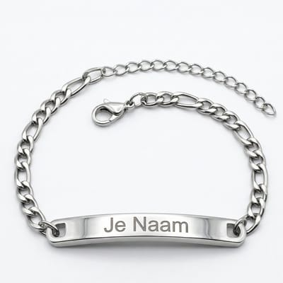 Armband met graveer, Armband met naam, Gepersonaliseerde schakelarmband met naamgravure - zilverkleurig, Armband met naamplaatje ,graveerarmband