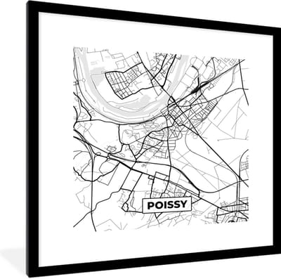 Fotolijst incl. Poster Zwart Wit- Kaart - Stadskaart - Frankrijk - Poissy - Plattegrond - Zwart wit - 40x40 cm - Posterlijst