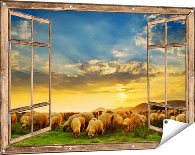 Gards Tuinposter Doorkijk Kudde Schapen op het Gras bij Zonsondergang - 120x80 cm - Tuindoek - Tuindecoratie - Wanddecoratie buiten - Tuinschilderij