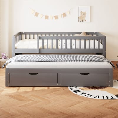 Wishdor Slaapbank Bed – 90 x 200 cm – Uitschuifbed met Wielen – Rondom Veiligheidshek – 2 Lades – Hout Grijs – Lattenbodem met 29 Latten – Multifunctioneel voor Kinderkamer of Logeerkamer – Stevig tot 150 kg