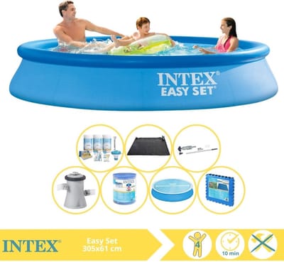 Intex Rond Opblaasbaar Easy Set Zwembad - 305 x 61 cm - Blauw - Inclusief Pomp - Solarzeil - Onderhoudspakket - Filter - Stofzuiger - Solar Mat - Vloertegels - 8-delig