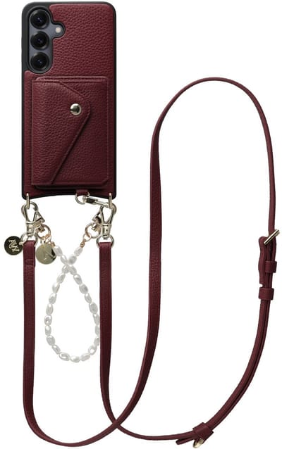 AVY Leren Hoesje geschikt voor Samsung Galaxy S25 / S24 | Met Koord en Magnetische Kaarthouder | Compatibel met MagSafe | Leather Case met 30CM & 130CM Koord & Wallet | Leather and Pearls | Burgundy