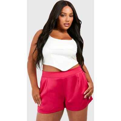 boohoo Dames Plus Satin Tailored Short | Felroze | Maat: 56