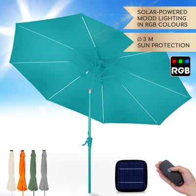 Blumfeldt Parasol voor balkon & tuin, Parasol met UV-bescherming, LED-verlichting & waterdicht, Ronde parasols, Stabiel & knikbaar, Zonwering met solar, Ronde parasol tuinscherm