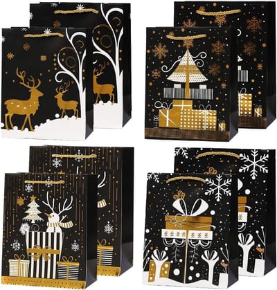 Herbruikbare kerstgeschenkzakjes met handvatten, 8 stuks in 2 maten, ideaal voor cadeaus, feestelijke verpakking en milieuvriendelijk papier