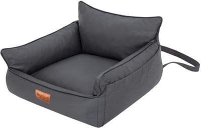 Voorstoel Honden Autostoel Mand – DogSeat Nova Cruise ® – Donker Grijs Leatherlook – Voor Kleine Honden – Met veiligheidsriem, gesp en gordel slot – Voorstoel & Achterbank – Waterafstotend & Krasbestendig – Luxe Autostoel Hond – Machinewasbaar