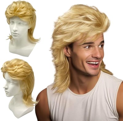 Blonde Mullet Peruk voor Mannen, 80s Rockerstijl, Hippie en 70s Kostuum voor Carnaval en Halloween
