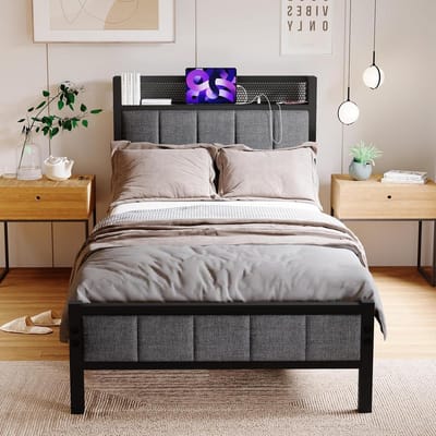 Metalen Bedframe - Eenpersoonsbed Jeugdbed - Veilig Slapen - Geïntegreerd Laadstation - 90x200 cm - Zwart Grijs