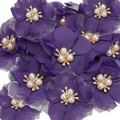 15 Stuks Chiffon Bloemen met Parel en Strass voor Kleding en Decoratie