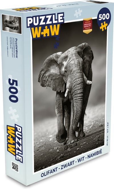 Puzzel Olifant - Zwart - Wit - Namibië - Legpuzzel - Puzzel 500 stukjes