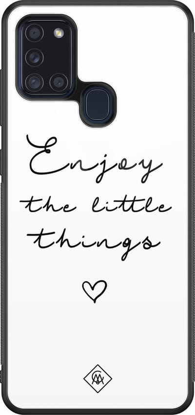 Casimoda® hoesje - Geschikt voor Samsung Galaxy A21s - Enjoy Life - Luxe Hard Case Zwart - Backcover telefoonhoesje - Wit