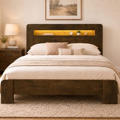 VVBV Bed met Opbergruimte 140x200 cm met LED-Verlichting, Hoofdbord - Opbergruimte - Hout