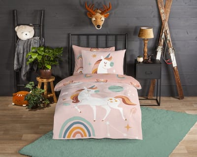 Good Morning dekbedovertrek eenhoorn, planeten en regenboog - 1 persoons 140x200/220 cm - Roze - 100% Katoen flanel