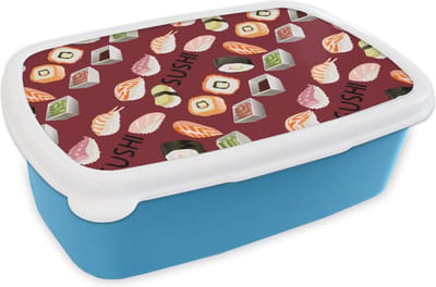 Broodtrommel Blauw - Lunchbox - Brooddoos - Patroon - Sushi - Japan - Quotes - 18x12x6 cm - Kinderen - Jongen