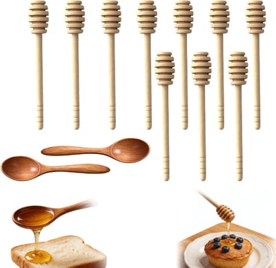 Set van 12 houten honinglepels en mini honingsticks - veilig en geurloos - ideaal voor honing, siroop en chocolade, 14 en 16 cm