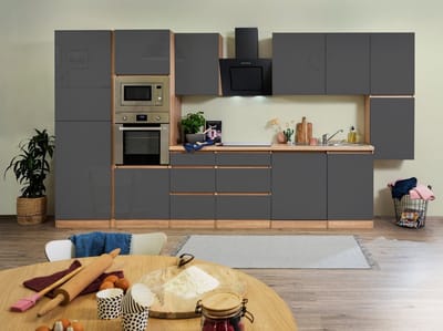 Goedkope keuken 395  cm - complete keuken met apparatuur Lorena  - Eiken/Grijs - soft close - inductie kookplaat - vaatwasser - afzuigkap - oven - magnetron  - spoelbak