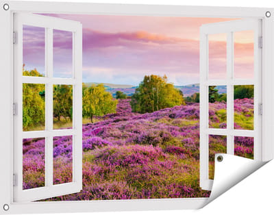 Gards Tuinposter Doorkijk Paarse Weide - 90x60 cm - Tuindoek - Tuindecoratie - Wanddecoratie buiten - Tuinschilderij