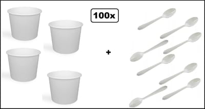 100x Soepbeker wit karton 250-300ml en 100x herbruikbare lepels wit - Soep salade beker festival warme dranken maaltijd carnaval
