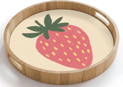 Dienblad rond 40x40 cm - Schootdienblad hout - Aardbei - Minimalistisch - Rood - Fruit - Borrelplank rechthoek - Plateau houten dienbladen