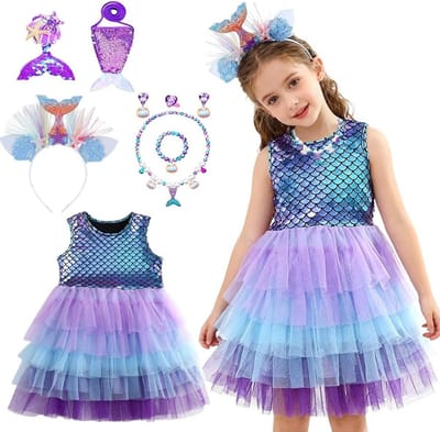 Mermaid Kostuum voor Meisjes - 8 Delen met Jurk, Sieraden en Schoudertas voor Carnaval en Feestjes