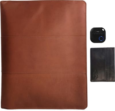 Business 3 set: Leren Schrijfmap A4 met Pasjseshouder & Anti-lost Keyfinder - 3 stuks Licht Bruin