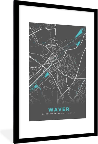 Fotolijst incl. Poster - Plattegrond – Waver – Blauw – Stadskaart - Kaart - 80x120 cm - Posterlijst