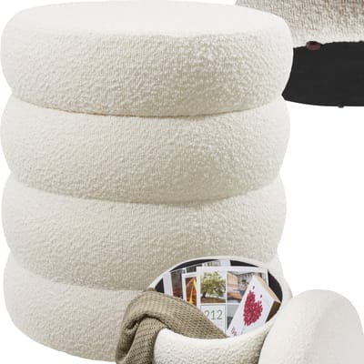 tectake® Kruk met Opbergruimte | Scandi Kruk Bouclé Teddystof | Poef, Ronde Poef voor Kaptafel, Slaapkamer, Woonkamermeubel, Halmeubel | Opbergkruk Wonen