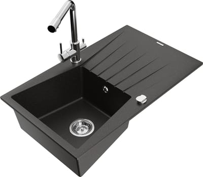 Mexen Cesar granieten gootsteen met 1 bak met afdruiprek en keukenmengkraan Duero, zwart/goud metallic - 6514-75-671600-00
