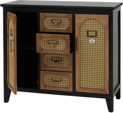Apothekerskast MCW-O63, dressoir Kast Opbergvakken Lades, vintage rotanlook 80x91x40cm ~ Korpus zwart
