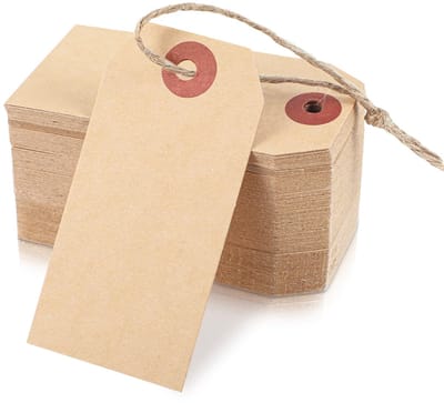 Dailygoods- Prijskaartjes 100 stuks - Bruine Kraftpapier Labels - Cadeaulabels met Katoenen Koord - Hangetiketten voor Geschenken - Vlooienmarkt - 7 x 3,5 cm