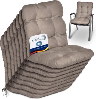 Beautissu Flair NL Stoelkussen Set 8x Lage Rugleuning 100x50x8 cm Taupe – Tuinstoelkussen