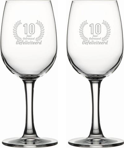 Gegraveerde set witte wijnglazen 26cl Gefeliciteerd 10 jaar getrouwd