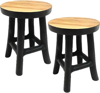 VD Leeden Plantverhoger - 2x - teak hout - zwart - D17 x H22 cm - mini krukje