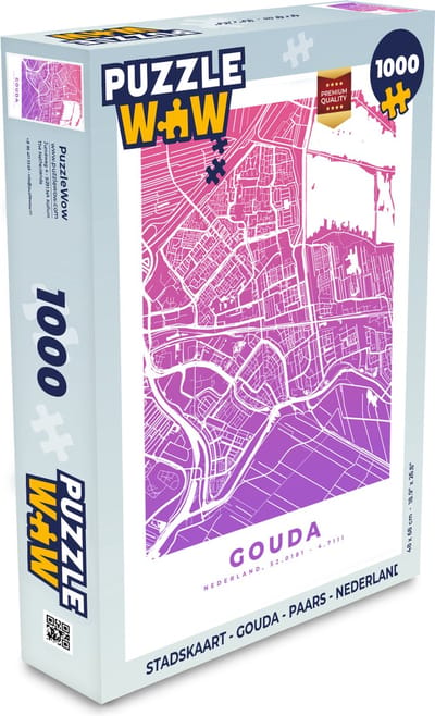 Puzzel Stadskaart - Gouda - Paars - Nederland - Legpuzzel - Puzzel 1000 stukjes volwassenen - Plattegrond