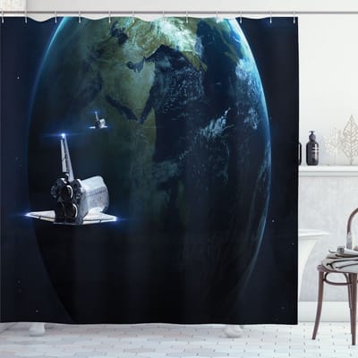 ABAKUHAUS Galaxie Douchegordijn – 175x180 cm – Blauwgrijs – Ruimteschip Aarde