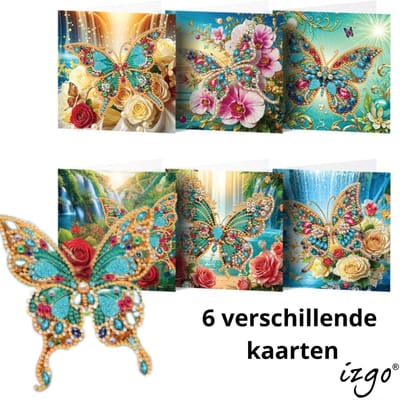 IZGO Diamond Painting Kaarten – 6 Wenskaarten met envelop - Zonder Tekst - Volwassenen – Volledig Hobby Pakket - Diamant schilderen - Vlinders