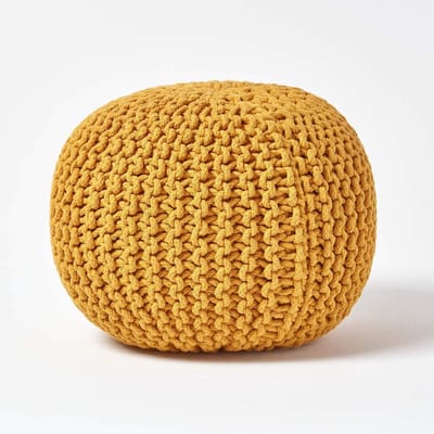 Poef gebreide poef rond vloerkussen, zitpoef 35 x 40 cm, gevoerde zitpoef, zitpoef met grof gebreide overtrek van 100% katoen, gebreide poef, mosterd