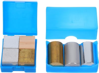 7-delige precisie metalen dichtheid dobbelstenen set voor wetenschappelijke experimenten, natuurkunde projecten en educatieve doeleinden met koper, aluminium en ijzer