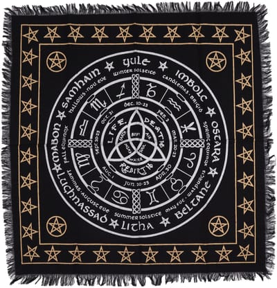 Esoterisch Altaardoek met Franjes | Leven, Dood, Wedergeboorte | Altaarkleed Leven, Dood, Wedergeboorte Elementen | Tarotkleed Orakelkleed | Spirituele Artikelen | Afmetingen: 50x50cm