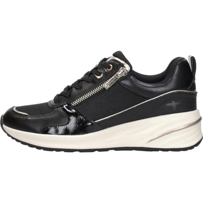 Tamaris dames hardloopschoenen met platformzool, zwart en goudkleurig, met ritssluiting en vetersluiting.