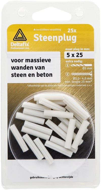 Deltafix steenplug kunststof wit - 5 x 25 mm - 25 stuks