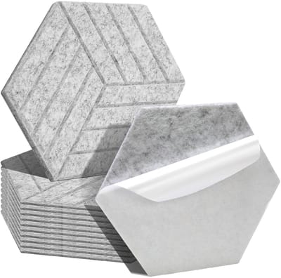 Zelfklevende akoestiekpanelen 12 stuks grijs, zeshoekige geluidsabsorberende viltpanelen 15 cm, 0,9 cm dik