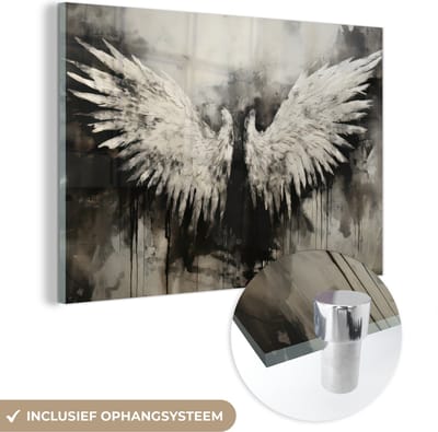MuchoWow® Glasschilderij 90x60 cm - Schilderij acrylglas - Vleugels - Engel - Zwart - Wit - Abstract - Foto op glas - Muurdecoratie woonkamer - Wanddecoratie slaapkamer - Schilderijen