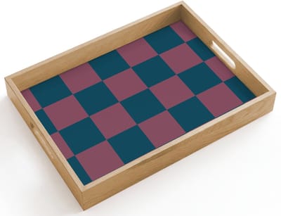 Dienblad hout 40x30 cm - Schootdienblad - Schaakbord print - Blauw - Rood - Blokjes - Borrelplank rechthoek - Plateau dienbladen