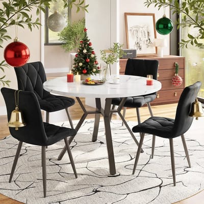 REDOM Eettafel rond radius 50 cm, MDF wit marmermotief blad en zwart X-vormig stalen onderstel, minimalistisch