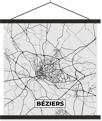 Posterhanger incl. Poster 60x60 cm - Schoolplaat - Béziers - Plattegrond - Frankrijk - Kaart - Stadskaart - Textielposter - Zwarte latten - Stadskaart