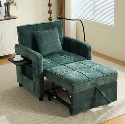 MIVRAY Fauteuil 167 x 79 x 83 cm - 2-in-1 Slaapfauteuil Met 5-Standen Rugleuning, Opbergruimte en Tafeltje - Chenille Groen