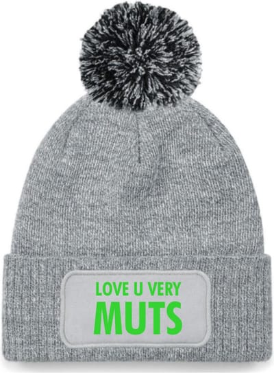 Love u very muts wintermuts grijs pompoen | fluor groen - soBAD. | Wintersport | Après ski verkleedkleren | Unisex | Heren en Dames Beanie