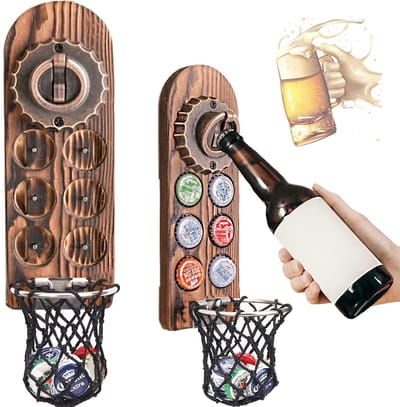 Wandflesopener met Kroonkurkenverzamelaar - Magnetisch - Houten Retro Design - Met Mesh-Tas - Voor Thuis en Buiten