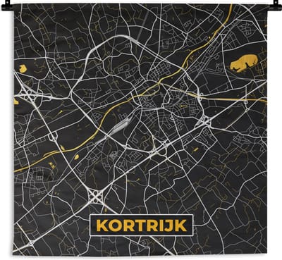 Wandkleed - Wanddoek - Kortrijk - Goud - Stadskaart - Plattegrond - Kaart - 180x180 cm - Wandtapijt